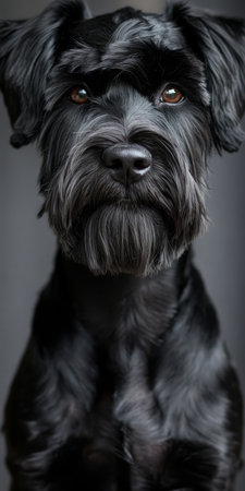 Charming Miniature Schnauzer Portrait with Expressive Eyes and Cute Demeanor Against Gray Backdropの素材