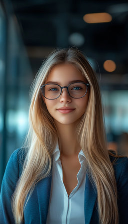 Confident Young Woman Entrepreneur in Eyeglasses Smiling in a Modern Office, Dressed for Successの素材