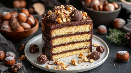 Indulgent Dark Chocolate Hazelnut Torte Cake Served Elegantly on a Chic Plate with Crushed Hazelnutsの素材