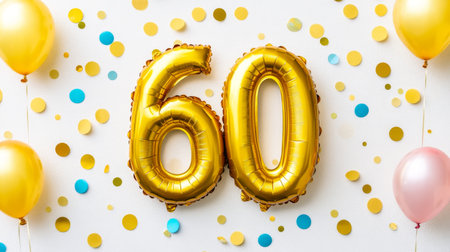 Festive Sixty Background with Golden Number Balloons, Confetti and Celebration Decorations for Eventの素材
