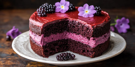 Layered Chocolate Cake with Blackcurrant Filling and Elegant Flower Garnish Displayed Delightfullyの素材