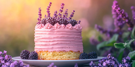 Layered Cake Slices With Blackberries and Lavender, Perfect for Any Celebration or Occasionの素材