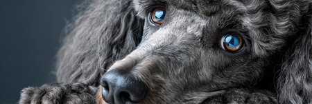 Charming Poodle Portrait with Expressive Eyes Captured in Close-up Against a Simple Gray Backgroundの素材