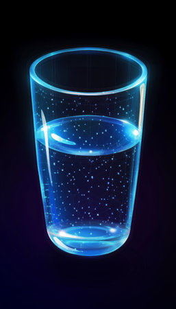 Polygonal Water Glass Illustration with Light Effects for Refreshment and Hydration Concept Designの素材