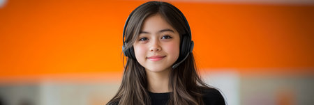 Cheerful young customer service representative with headset assisting clients in a call center.の素材