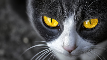 Charming Close-Up of a Cute Black and White Kitten with Golden Eyes Capturing Feline Beautyの素材