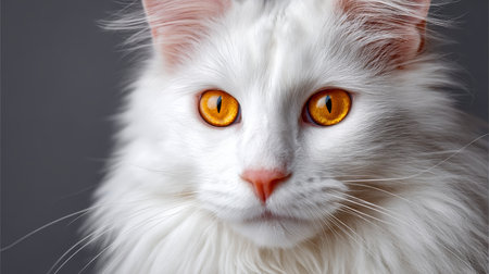 Elegant Turkish Angora Cat with Striking Amber Eyes Posing Gracefully on a Soft Neutral Backgroundの素材