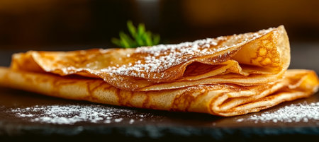 Deliciously Stacked Crepes with Garnishing, Powdered Sugar, and Fresh Berries for a Perfect Dessertの素材