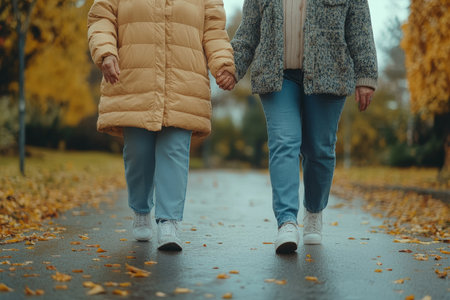 Elderly Couple Hand in Hand Walking Through Autumn Park, Enjoying Nature and Each Other s Companyの素材