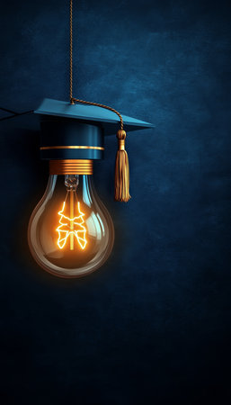 Bright Lightbulb Illuminating a Graduation Cap, Symbolizing Academic Success and Creative Ideasの素材