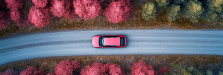 Aerial View of a Vibrant Red Vehicle Road Tripping Through Beautiful Scandinavian Forest Landscapeの素材
