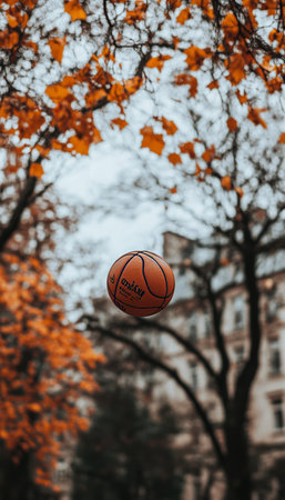 A Group of Friends Playing Basketball in a Beautiful Autumn Park Surrounded by Colorful Treesの素材