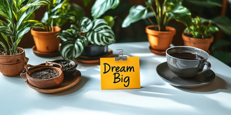 Creative and Inviting Workspace Inspiration with Motivational Note, Coffee Cup, and Green Plantsの素材