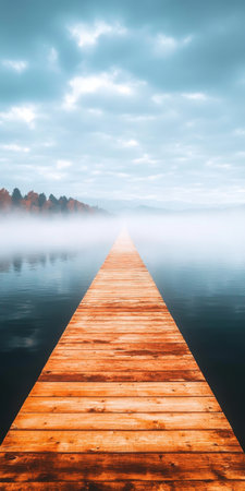 Breathtaking Atmospheric Lake Scene Featuring a Wooden Pier Leading into Tranquil Misty Watersの素材