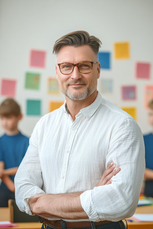 Confident Male Teacher Engaging with Students in a Bright Classroom Filled with Colorful Papersの素材