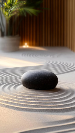 Serene Zen Garden Scene with Meditative Sand Patterns and Balanced Stones for Relaxationの素材