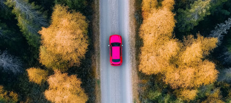 Red Modern SUV Driving Through a Scenic Forest Trail Surrounded by Vibrant Autumn Colorsの素材