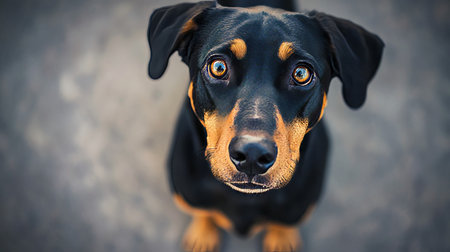Portrait of a Doberman Pinscher with Captivating Eyes and Charming Expression on Gray Backgroundの素材