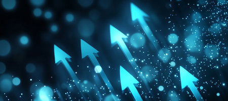Abstract upward blue arrow direction lines with glowing particles in a digital futuristic design.の素材