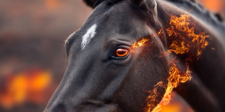 Majestic Dark Horse Surrounded by Glowing Flames, Symbolizing Power and Intensity in Stock Imageryの素材