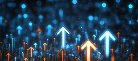 Dynamic Abstract Digital Space with Ascending Arrows, Neon Colors, and Vibrant Bokeh Light Ballsの素材