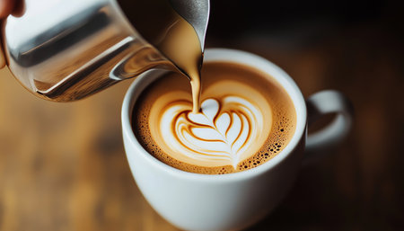 Barista Skillfully Creates Stunning Latte Art with Perfectly Steamed Milk in a Cozy Coffee Shopの素材