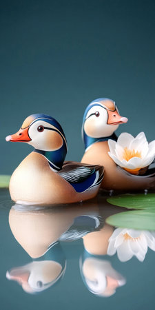 Stunning Mandarin Ducks Float Gracefully on a Tranquil Pond Surrounded by Lush Greenery and Liliesの素材