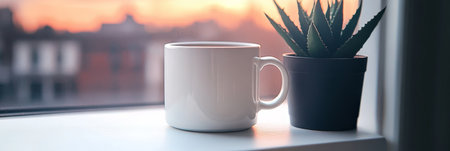 Serene Morning Calm Still Life of a White Mug on a Windowsill Surrounded by Warm Natural Lightの素材