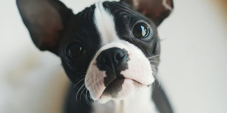 Close-Up Portrait of a Domestic Dog with Unique White Markings Against a Clean Backgroundの素材