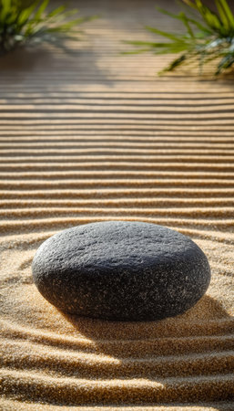 Peaceful Zen Garden Scene Featuring a Perfectly Smooth Stone Surrounded by Raked Sand Patternsの素材