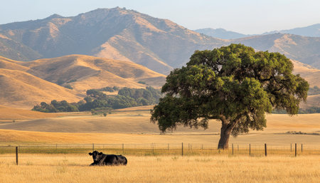 Majestic Oak Tree in Idyllic Pasture with Rolling California Hills and Serene Angush Cows Relaxingの素材