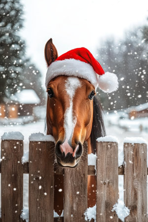 Festive Chestnut Horse Wishes Everyone a Merry Christmas from Behind a Snowy Rustic Fenceの素材