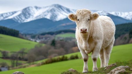 A Majestic Charolais Cow Grazing on a Lush Green Hillside Under Bright Blue Skies, Mountain Backdropの素材