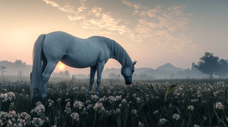 Majestic Gray Horse Grazing in Colorful Wildflowers Under the Soft Glow of Early Morning Lightの素材