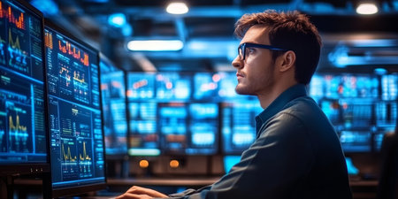 Analyst Analyzing Real-Time Data on Multiple Monitors in a Modern High-Tech Command Centerの素材