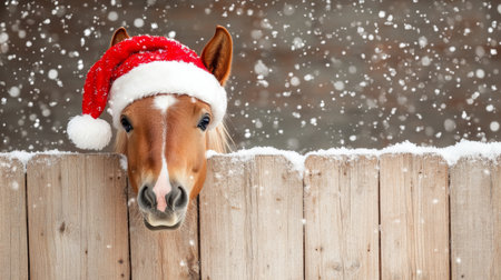 A Chestnut Horse Wearing a Playful Santa Hat Looks Over a Festive Wooden Fence in a Snowy Landscapeの素材