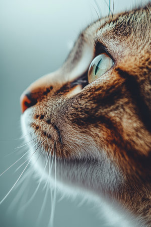 An Enchanting Bengal Cat Portrait Featuring Striking Green Eyes Set Against a Soft Gray Background.の素材