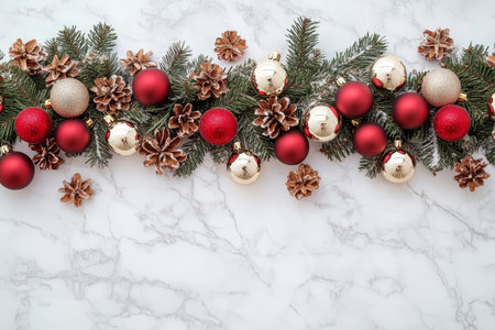 Beautiful Festive Christmas Garland Decorated with Colorful Ornaments and Pine Cones on Marbleの素材