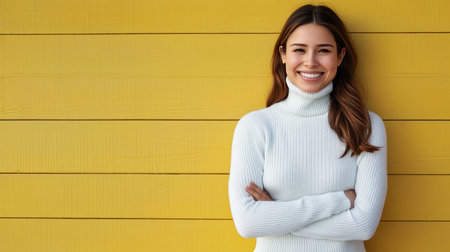 Young woman posing gracefully against a vibrant yellow background, radiating warmth and positivity.の素材