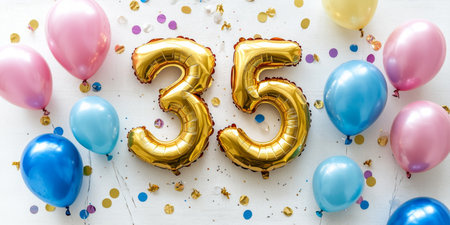 Festive Celebration Featuring Number 35 Balloon Display Surrounded by Colorful Balloons and Confettiの素材