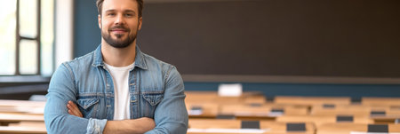 Teacher headshot in empty bright classroom with lecture stage desks is happy to start new course.の素材