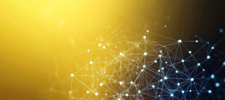 Vibrant Yellow Abstract Visualization of Interconnected Nodes and Lines on a Dark Backgroundの素材