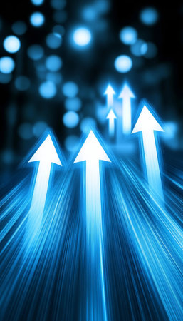 Dynamic Growth Illustration with Luminous Arrows on Abstract Backdrop Representing Successの素材
