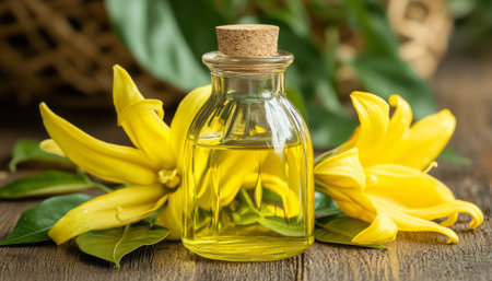 Ylang Ylang Essential Oil in Elegant Glass Bottle Surrounded by Beautiful Blossoms on Wooden Tableの素材