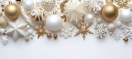 Elegant Gold and White Christmas Ornaments and Holiday Decorations on White Background, Top Viewの素材