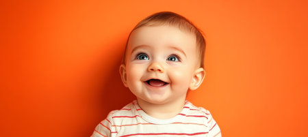 Innocent Baby Charms On Tangerine Background, Exuding Purity and Joyful Expressions of Infantsの素材