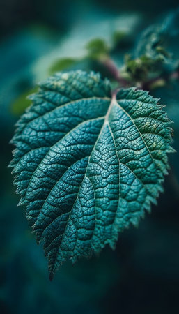 Close-up of a Single Green Leaf Showcasing Nature s Intricate Veins and Textures in Vibrant Detailの素材