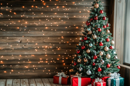 Festive holiday cheer with beautifully decorated Christmas tree and presents ready for celebrationsの素材