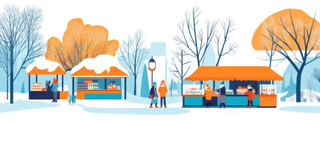 Festive winter market with cheerful shoppers, colorful stalls, and a delightful holiday atmosphereの素材