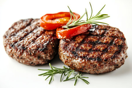 Perfectly Grilled Hamburger Cutlets Isolated on White Background, Ideal for Culinary Creations.の素材